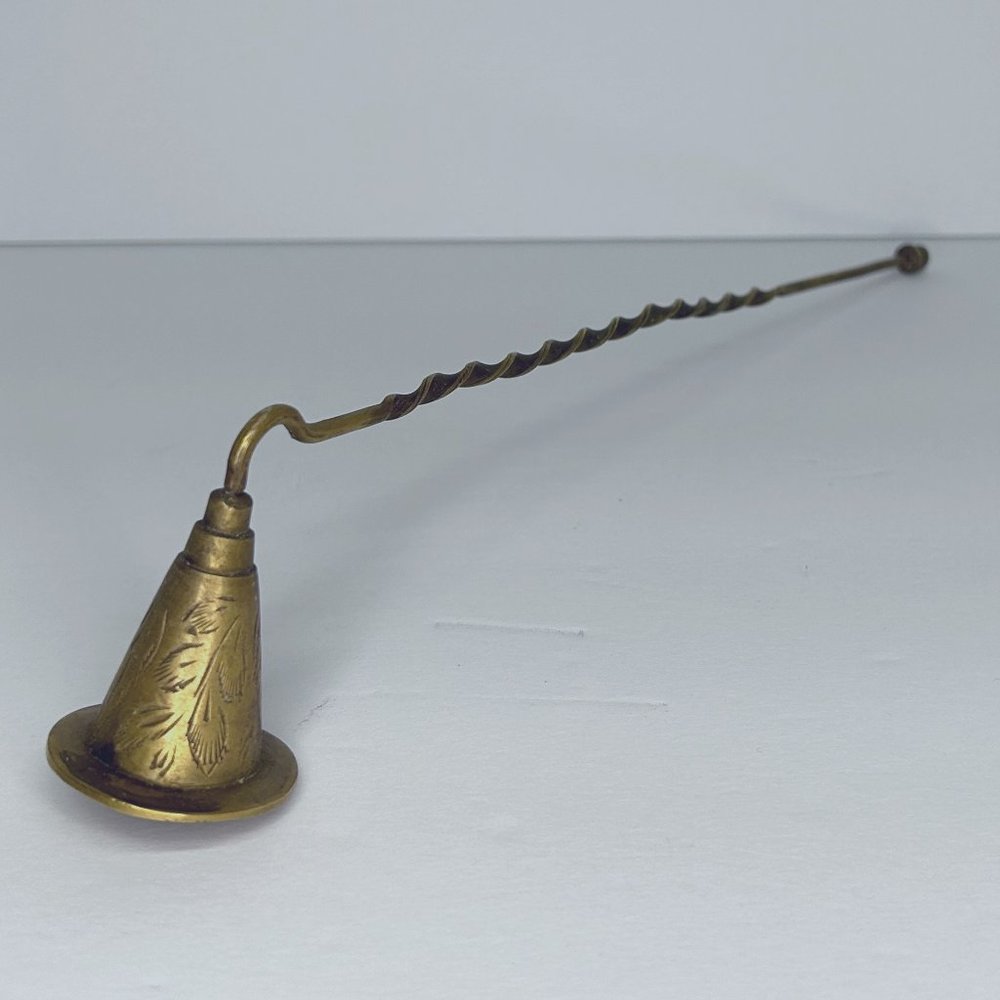 Vintage Brass Candle Snuffer with Etched Pattern and Twisted Handle